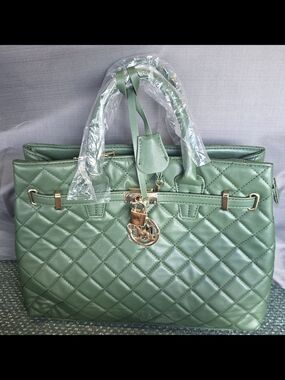 Badgley Mischka Quilted Sage Green Tote with Gold Accents